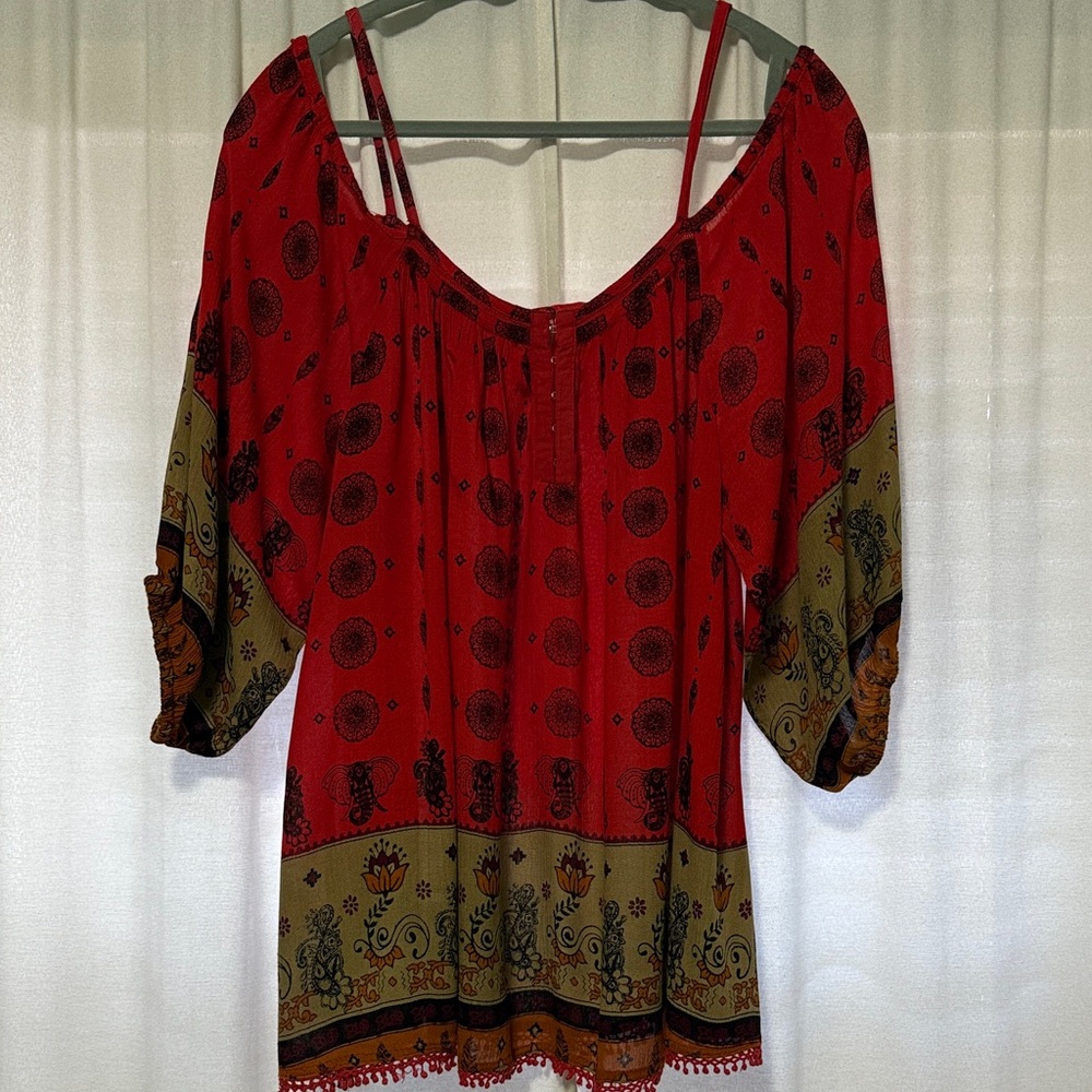 Bohemian Red (warm spectrum) and olive Green off shoulder Top size Large.